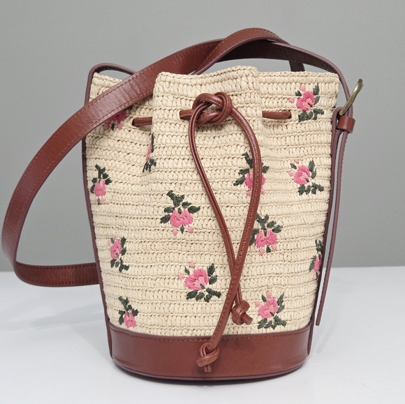 SEZANE MINI FARROW RAPHIA CROSSBODY BUCKET BAG SMALL PINK FLORAL EMBROIDERY - Picture 3 of 11